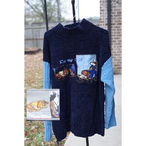 Ralu Blue Sweater Vintage Y2K “Dis My Crib” Dog Graphic